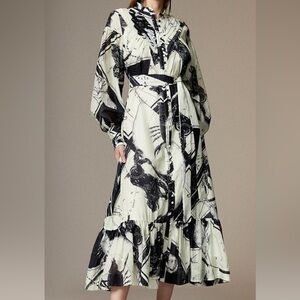Karen Millen Black and White Mock Neck Gown with Bishop Sleeves